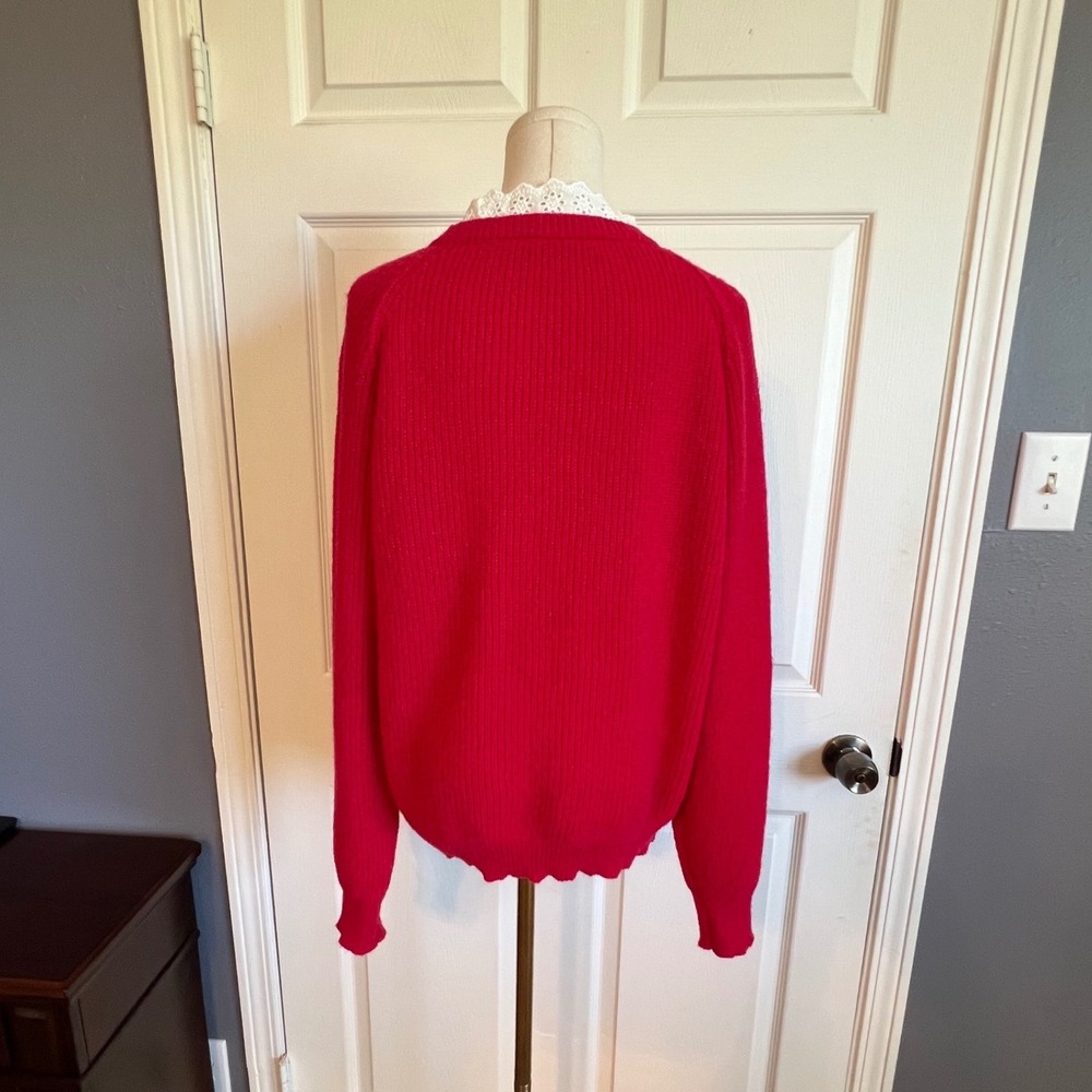 Women's Red Ribbed Knit Sweater with Lace Collar and Rhinestone Heart Buttons‎ - Picture 4 of 10